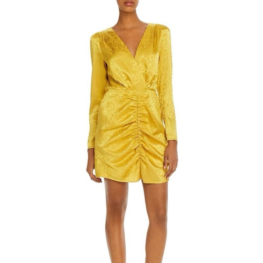 WAYF Rae Ruched Snake Print Jacquard Mini Cocktail Dress Yellow Animal Print NWT